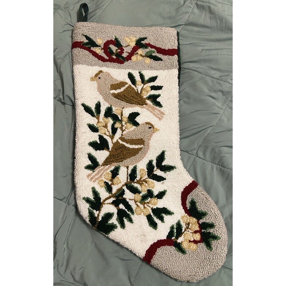 Completed Rug Hooked Felt Christmas Stocking Birds Nature 18in X 9in Beautiful